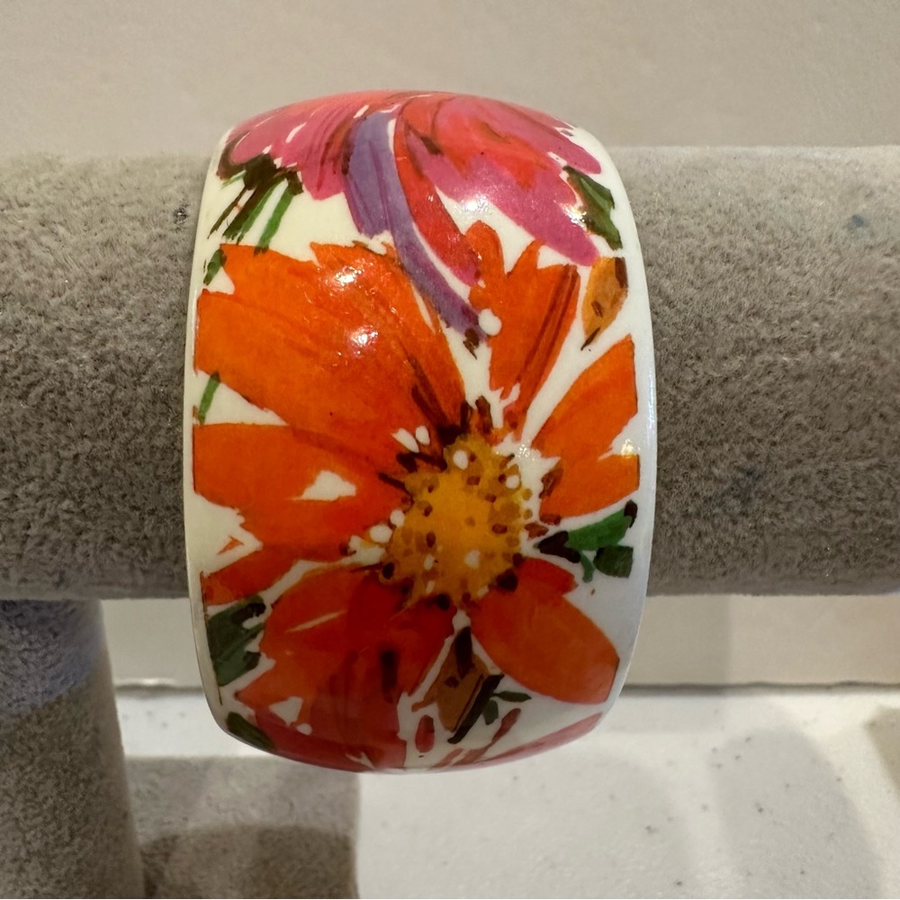 Wide Acrylic Floral Bangle Bracelet- Ivory w/ pink, coral, orange, green flowers